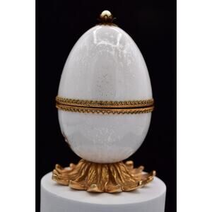 Rare Vintage Evans Egg MCM Perfume Holder Bottles White Glass Gold Signed Flaw